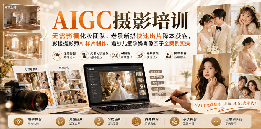 AIGC摄影培训｜无需影棚化妆团队，老景新搭快速出片降本获客，影楼摄影师AI样片制作，婚纱儿童孕妈肖像亲子全案例实操-佳梦网创 - 网创副业项目资源站