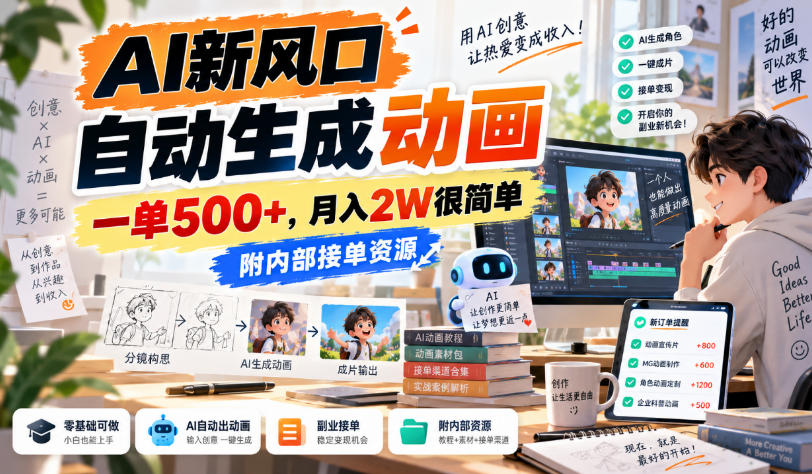 AI新风口，自动生成动画，一单500+，月入2W很简单，附内部接单资源【揭秘】-佳梦网创 - 网创副业项目资源站