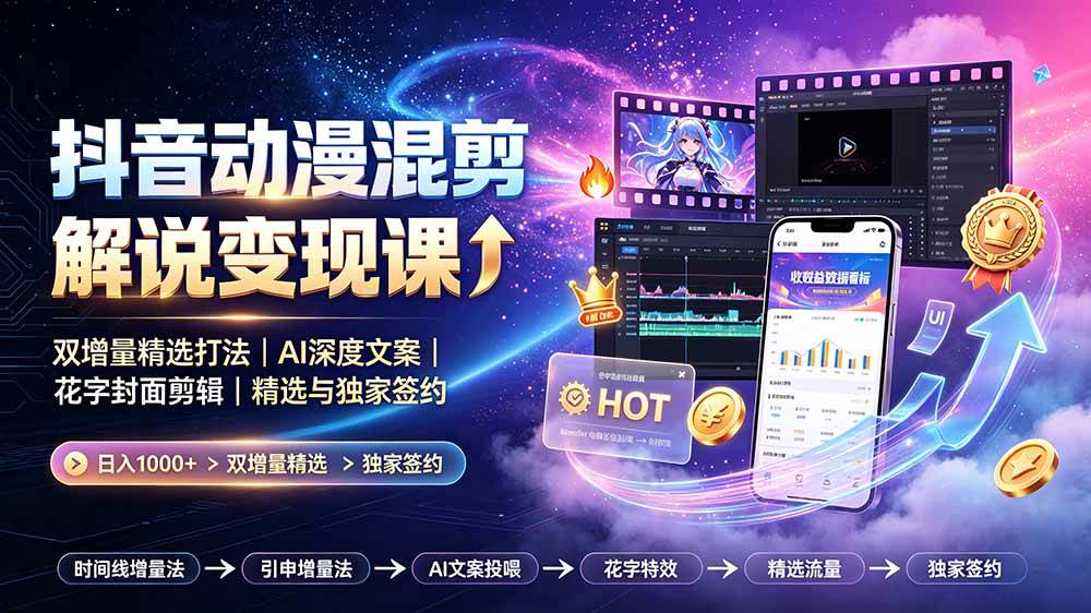 (19311期)抖音动漫混剪解说变现课:双增量精选打法|AI深度文案|花字封面剪辑| 精选与独家签约日入1000+ (19311期)抖音动漫混剪解说变现课:双增量精选打法|AI深度文案|花字封面剪辑| 精选与独家签约日入1000+