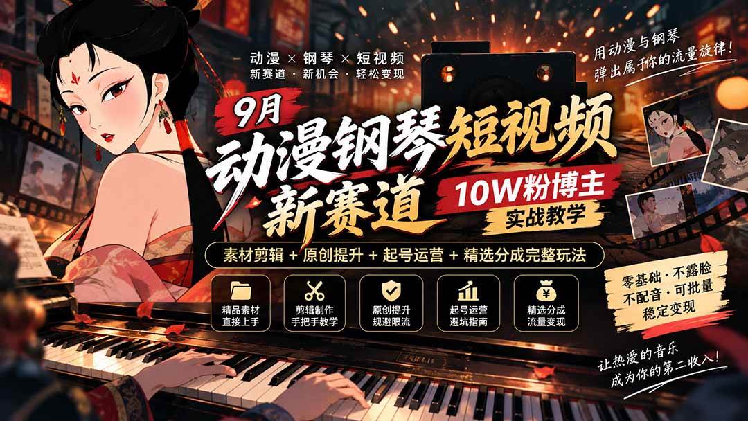 （20506期）9月动漫钢琴短视频新赛道｜10W粉博主实战教学，素材剪辑+原创提升+起号运营+精选分成完整玩法-佳梦网创 - 网创副业项目资源站