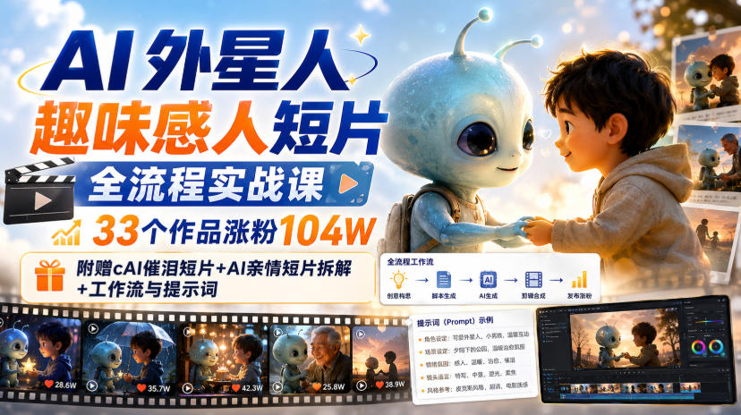 AI外星人趣味感人短片全流程实战课,33个作品涨粉104W,附赠AI催泪短片+AI亲情短片拆解+工作流与提示词-佳梦网创 - 网创副业项目资源站