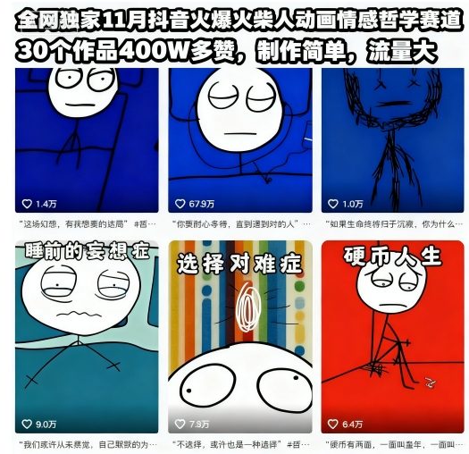 全网独家11月抖音火爆火柴人动画情感哲学赛道，30个作品400W多赞，制作简单，流量大【教学+素材】 - 佳梦网创 - 网创副业项目资源站-佳梦网创 - 网创副业项目资源站