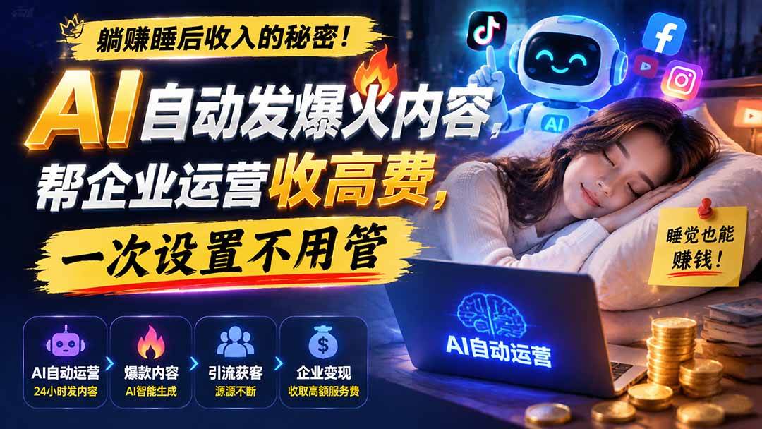 （19826期）躺赚睡后收入的秘密！AI 自动发爆火内容，帮企业运营收高费，一次设置不用管【原创双语字幕】-佳梦网创 - 网创副业项目资源站