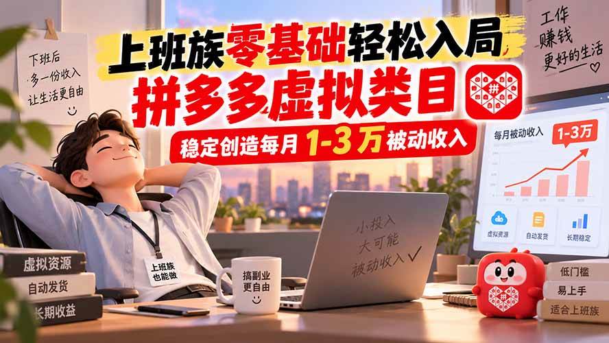 (20250期)上班族零基础轻松入局,拼多多虚拟类目,稳定创造每月 1-3 万被动收入-佳梦网创 - 网创副业项目资源站