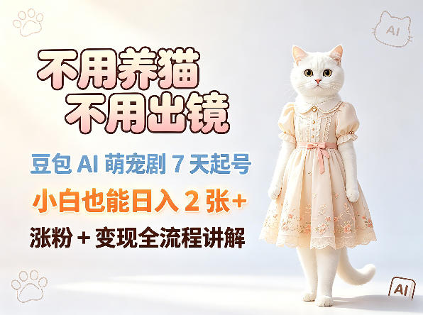 不用养猫不用出镜，豆包AI萌宠剧7天起号，小白也能日入2张+，涨粉+变现全流程讲解 - 佳梦网创 - 网创副业项目资源站-佳梦网创 - 网创副业项目资源站