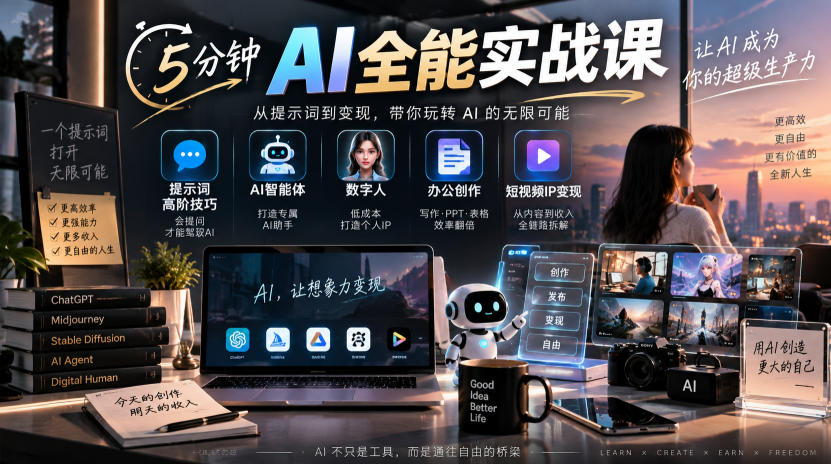 5分钟AI全能实战课|提示词高阶技巧+AI智能体+数字人+办公创作+短视频IP变现全教程-佳梦网创 - 网创副业项目资源站