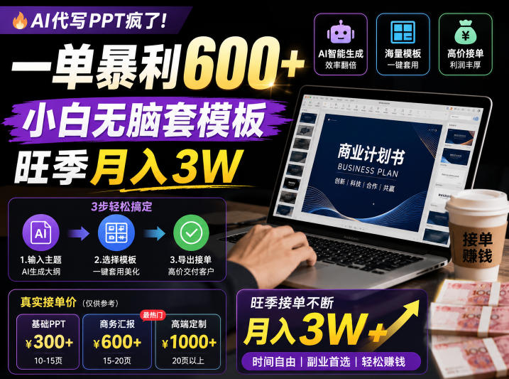 AI代写PPT疯了！一单暴利600+，小白无脑套模板，旺季月入3W，不用苦哈哈引流【揭秘】 - 佳梦网创 - 网创副业项目资源站-佳梦网创 - 网创副业项目资源站