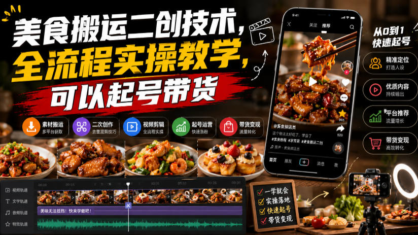 美食搬运二创技术，全流程实操教学，可以起号带货 - 佳梦网创 - 网创副业项目资源站-佳梦网创 - 网创副业项目资源站