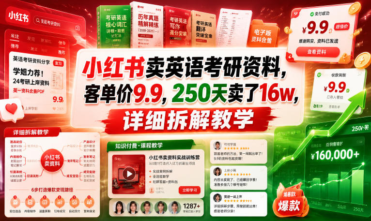 小红书卖英语考研资料，客单价9.9，250天卖了16w，详细拆解教学 - 佳梦网创 - 网创副业项目资源站-佳梦网创 - 网创副业项目资源站