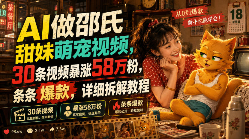 AI做邵氏甜妹萌宠视频，30条视频暴涨58万粉，条条爆款，详细拆解教程-佳梦网创 - 网创副业项目资源站