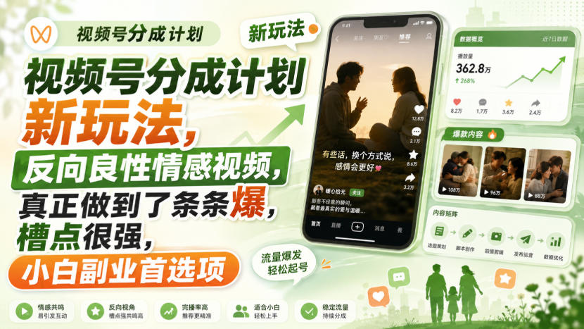 视频号分成计划新玩法，反向良性情感视频，真正做到了条条爆，槽点很强，小白副业首选项-佳梦网创 - 网创副业项目资源站