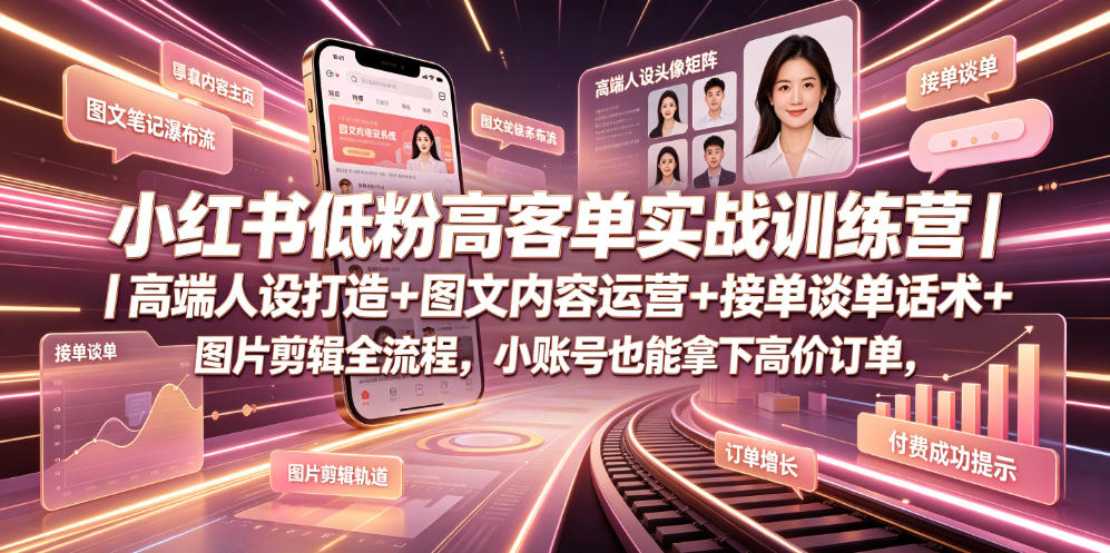 小红书低粉高客单实战训练营｜高端人设打造+图文内容运营+接单谈单话术+图片剪辑全流程，小账号也能拿下高价订单 - 佳梦网创 - 网创副业项目资源站-佳梦网创 - 网创副业项目资源站