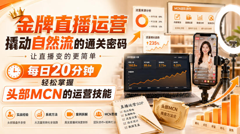 金牌直播运营撬动自然流的通关密码,让直播变的更简单,每日20分钟,轻松掌握头部MCN的运营技能-佳梦网创 - 网创副业项目资源站