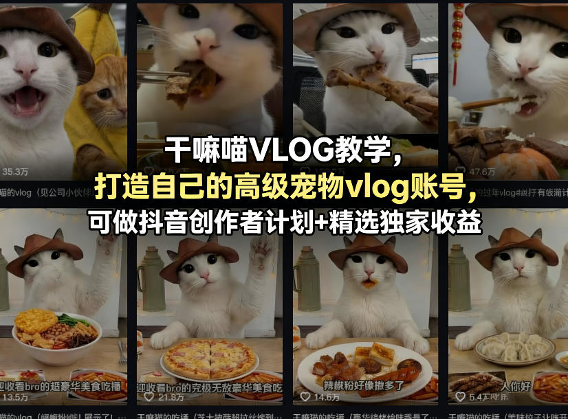 干嘛喵VLOG教学，打造自己的高级宠物vlog账号，可做抖音创作者计划+精选独家收益 - 佳梦网创 - 网创副业项目资源站-佳梦网创 - 网创副业项目资源站