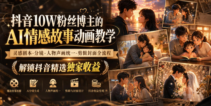 抖音10W粉丝博主的AI情感故事动画教学,灵感剧本‑分镜‑人物声画统一‑剪辑封面全流程,解锁抖音精选独家收益-佳梦网创 - 网创副业项目资源站