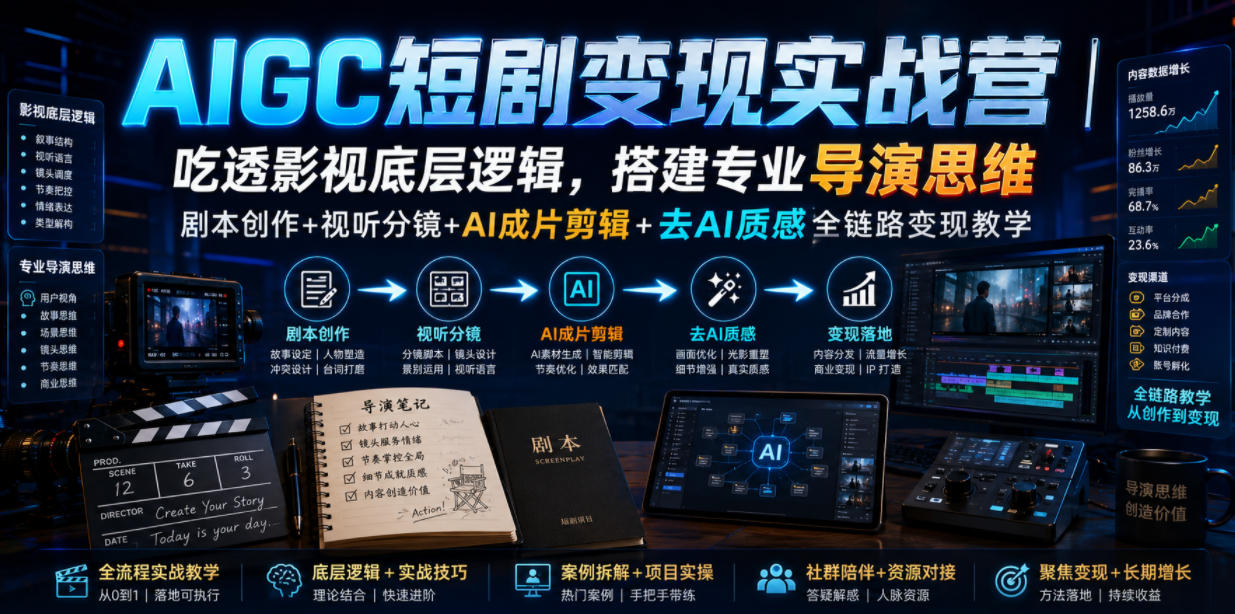 AIGC短剧变现实战营｜吃透影视底层逻辑，搭建专业导演思维，剧本创作+视听分镜+AI成片剪辑+去AI质感全链路变现教学 - 佳梦网创 - 网创副业项目资源站-佳梦网创 - 网创副业项目资源站