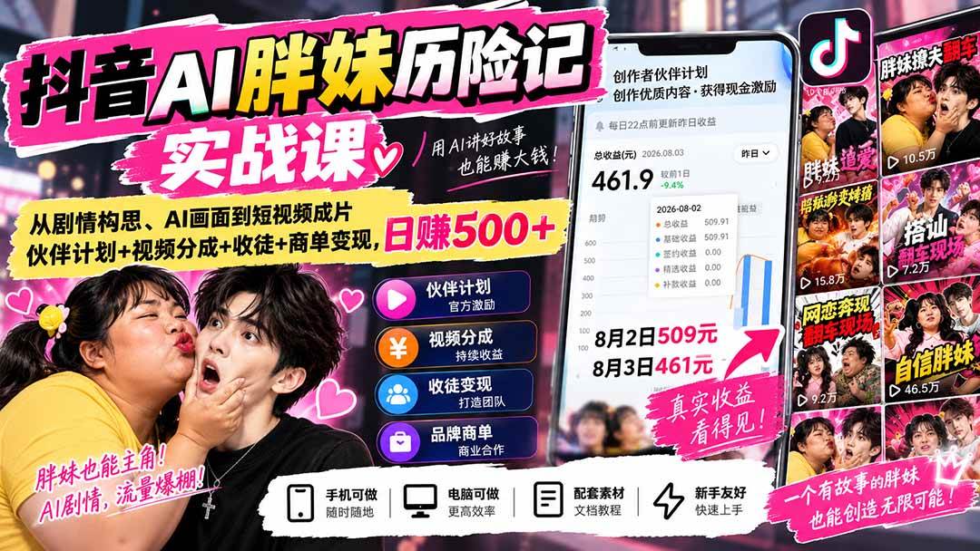 （20489期）抖音AI胖妹历险记实战课：从剧情构思、AI画面到短视频成片，伙伴计划+视频分成+收徒+商单变现，日赚500+-佳梦网创 - 网创副业项目资源站