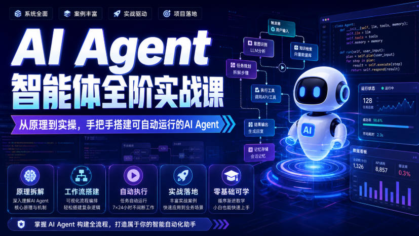 AI Agent智能体全阶实战课,从原理到实操,手把手搭建可自动运行的AI Agent-佳梦网创 - 网创副业项目资源站
