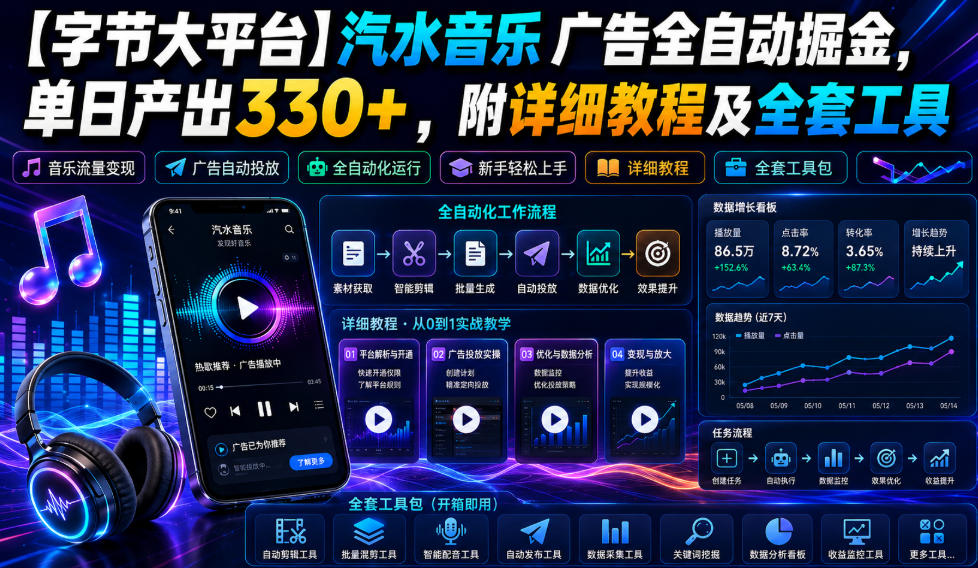 【字节大平台】汽水音乐广告全自动掘金，单日产出330+，附详细教程及全套工具【揭秘】 - 佳梦网创 - 网创副业项目资源站-佳梦网创 - 网创副业项目资源站