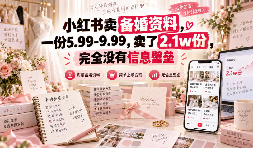 小红书卖备婚资料，一份5.99-9.99，卖了2.1w份，完全没有信息壁垒-佳梦网创 - 网创副业项目资源站
