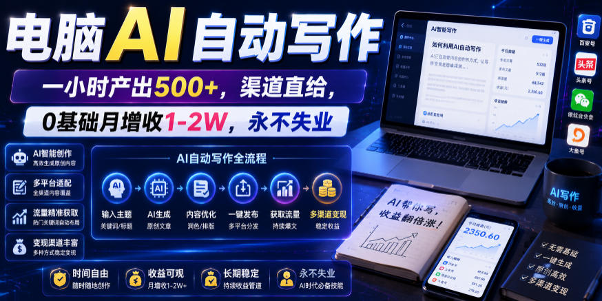 电脑AI自动写作,一小时产出500+,渠道直给,0基础月增收1-2W,永不失业【揭秘】-佳梦网创 - 网创副业项目资源站