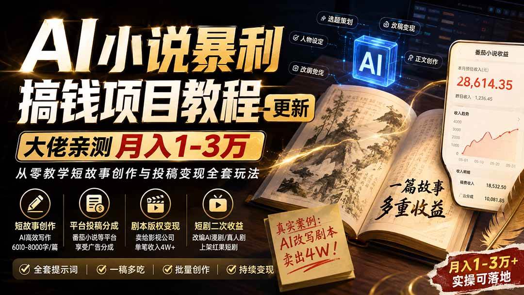 （20044期）AI小说暴利搞钱项目教程-更新，大佬亲测月入1-3万，从零教学短故事创作与投稿变现全套玩法-佳梦网创 - 网创副业项目资源站
