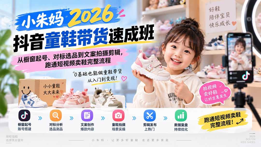 （20267期）小朱妈2026抖音童鞋带货速成班：从橱窗起号、对标选品到文案拍摄剪辑，跑通短视频卖鞋完整流程-佳梦网创 - 网创副业项目资源站