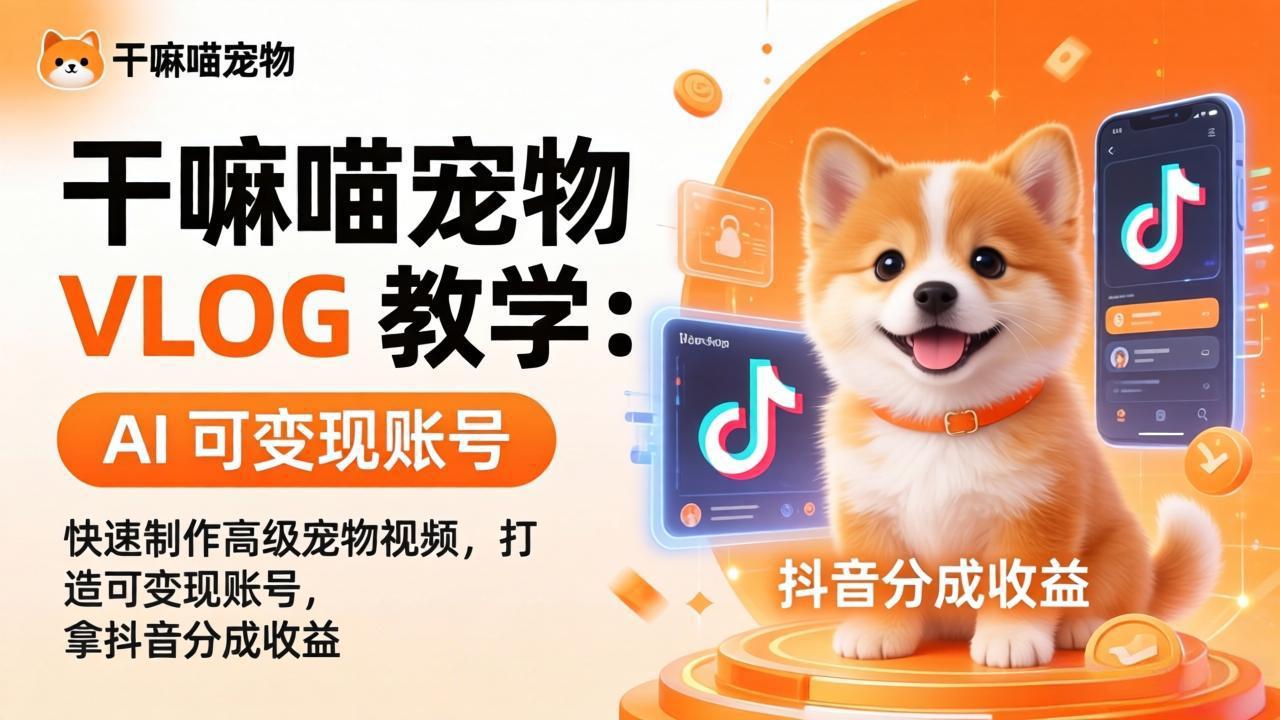 干嘛喵宠物 VLOG 教学：AI 快速制作高级宠物视频，打造可变现账号，拿抖音分成收益 - 佳梦网创 - 网创副业项目资源站-佳梦网创 - 网创副业项目资源站