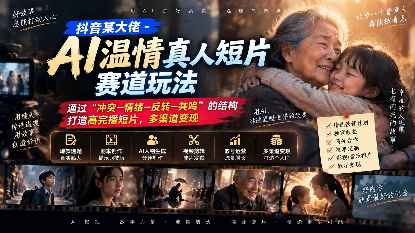 （20538期）抖音某大佬-AI温情真人短片赛道玩法：通过“冲突—情绪—反转—共鸣”的结构打造高完播短片，多渠道变现-佳梦网创 - 网创副业项目资源站