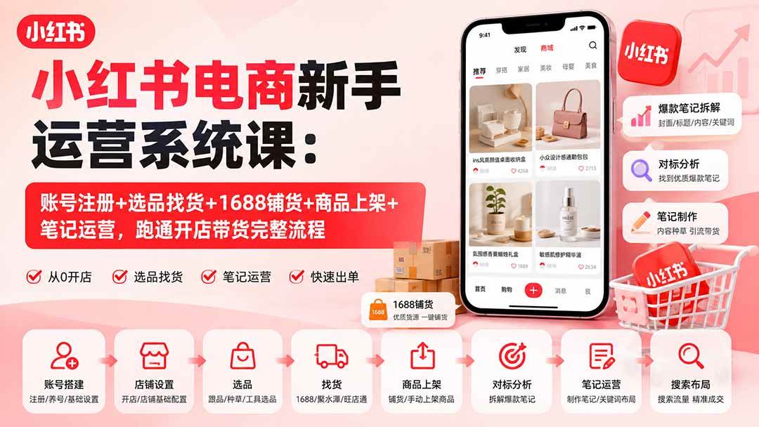 (20219期)小红书电商新手运营系统课:账号注册+选品找货+1688铺货+商品上架+笔记运营,跑通开店带货完整流程-佳梦网创 - 网创副业项目资源站
