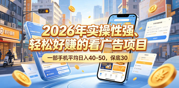 2026年实操性强、轻松好賺的看广告项目,一部手机平均日入40-50,保底30米【揭秘】 2026年实操性强、轻松好賺的看广告项目,一部手机平均日入40-50,保底30米【揭秘】
