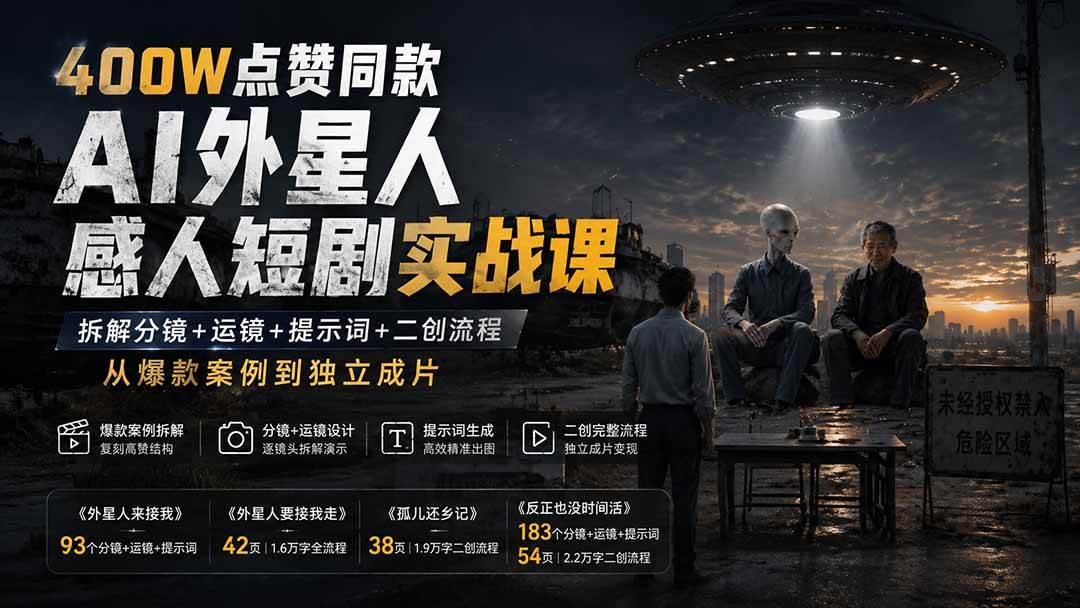 (20052期)400W点赞同款AI外星人感人短剧实战课:拆解分镜+运镜+提示词+二创流程,从爆款案例到独立成片-佳梦网创 - 网创副业项目资源站