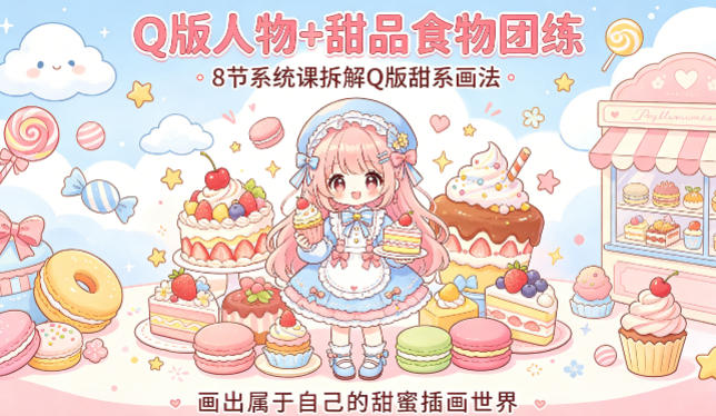 Q版人物+甜品食物团练,8节系统课拆解Q版甜系画法,画出属于自己的甜蜜插画世界-佳梦网创 - 网创副业项目资源站