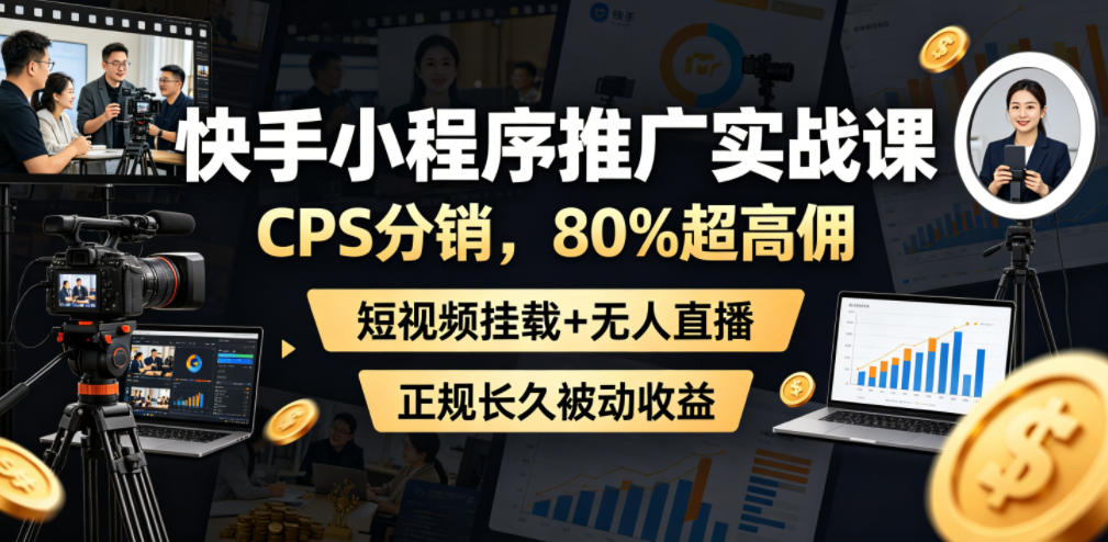 快手小程序推广实战课,CPS分销,80%超高佣,短视频挂载+无人直播,正规长久被动收益 快手小程序推广实战课,CPS分销,80%超高佣,短视频挂载+无人直播,正规长久被动收益