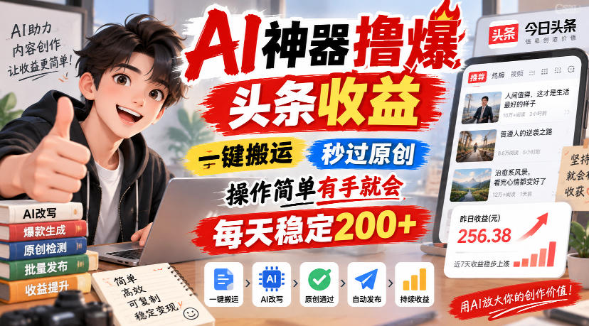 AI神器撸爆头条收益，一键搬运，秒过原创，操作简单有手就会，每天稳定200+【揭秘】-佳梦网创 - 网创副业项目资源站