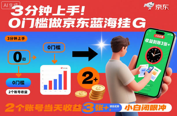 3分钟上手！0门槛做京东蓝海全自动掘金，2个账号当天收益3张+，小白闭眼冲【揭秘】 - 佳梦网创 - 网创副业项目资源站-佳梦网创 - 网创副业项目资源站