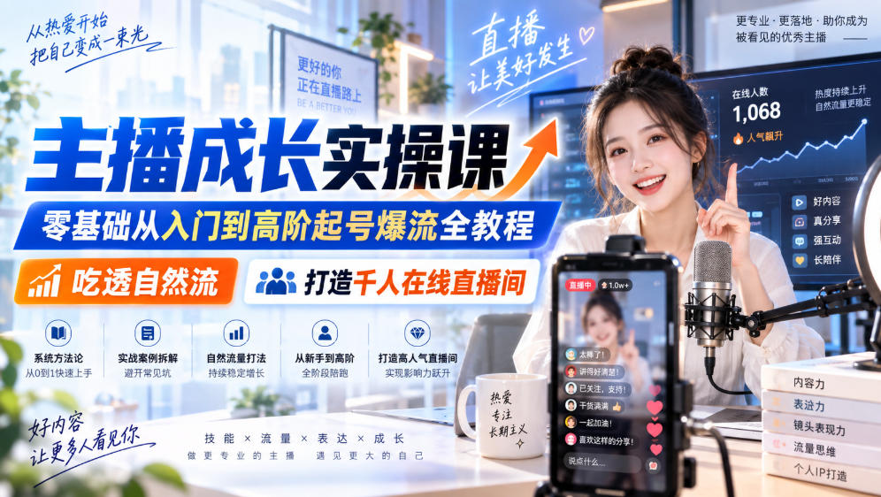 主播成长实操课｜零基础从入门到高阶起号爆流全教程，吃透自然流，打造千人在线直播间-佳梦网创 - 网创副业项目资源站