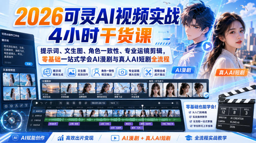 2026可灵AI视频实战4小时干货课｜提示词、文生图、角色一致性、专业运镜剪辑，零基础一站式学会AI漫剧与真人AI短剧全流程-佳梦网创 - 网创副业项目资源站
