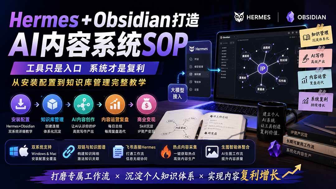 (19861期)Hermes+Obsidian打造AI内容系统SOP;工具只是入口系统才是复利,从安装配置到知识库管理完整教学-佳梦网创 - 网创副业项目资源站