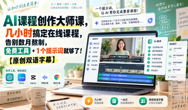 AI课程创作大师课，几小时搞定在线课程，告别数月熬制，免费工具+1个提示词就够了！【原创双语字幕】-佳梦网创 - 网创副业项目资源站
