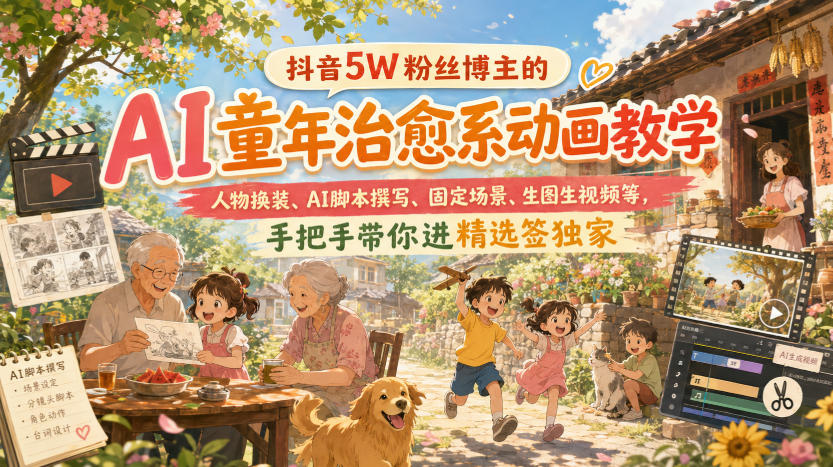 抖音5W粉丝博主的AI童年治愈系动画教学，人物换装、AI脚本撰写、固定场景、生图生视频等，手把手带你进精选签独家-佳梦网创 - 网创副业项目资源站