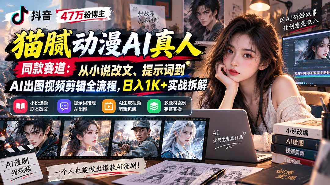 (20524期)抖音47万粉博主猫腻动漫AI真人同款赛道:从小说改文、提示词到AI出图视频剪辑全流程,日入1K+实战拆解-佳梦网创 - 网创副业项目资源站