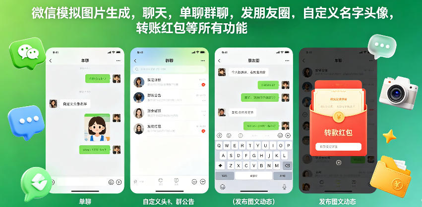 微信模拟图片生成，聊天，单聊群聊，发朋友圈，自定义名字头像，转账红包等所有功能都可以生成 - 佳梦网创 - 网创副业项目资源站-佳梦网创 - 网创副业项目资源站
