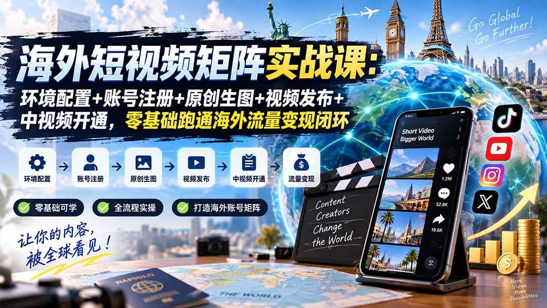 （20470期）海外短视频矩阵实战课：环境配置+账号注册+原创生图+视频发布+中视频开通，零基础跑通海外流量变现闭环-佳梦网创 - 网创副业项目资源站