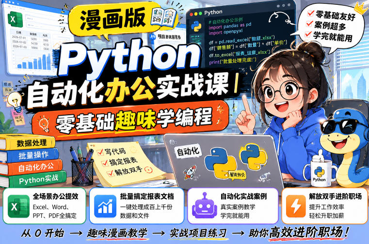 漫画版Python自动化办公实战课｜零基础趣味学编程，全场景办公提效、批量搞定报表文档、解放双手进阶职场 - 佳梦网创 - 网创副业项目资源站-佳梦网创 - 网创副业项目资源站