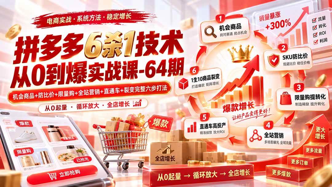 （20315期）拼多多6杀1技术从0到爆实战课-64期：机会商品+防比价+限量购+全站营销+直通车+裂变完整六步打法-佳梦网创 - 网创副业项目资源站