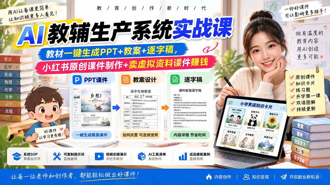 （20542期）AI教辅生产系统实战课｜教材一键生成PPT+教案+逐字稿，小红书原创课件制作+卖虚拟资料课件赚钱-佳梦网创 - 网创副业项目资源站