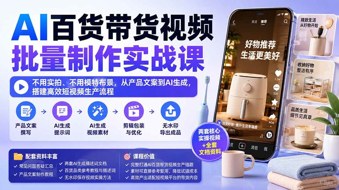 （20179期）AI百货带货视频批量制作实战课：不用实拍、不用模特布景，从产品文案到AI生成，搭建高效短视频生产流程 - 佳梦网创 - 网创副业项目资源站-佳梦网创 - 网创副业项目资源站
