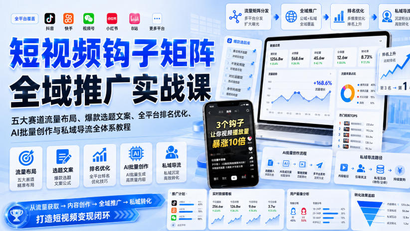 短视频钩子矩阵全域推广实战课｜五大赛道流量布局、爆款选题文案、全平台排名优化、AI批量创作与私域导流全体系教程-佳梦网创 - 网创副业项目资源站