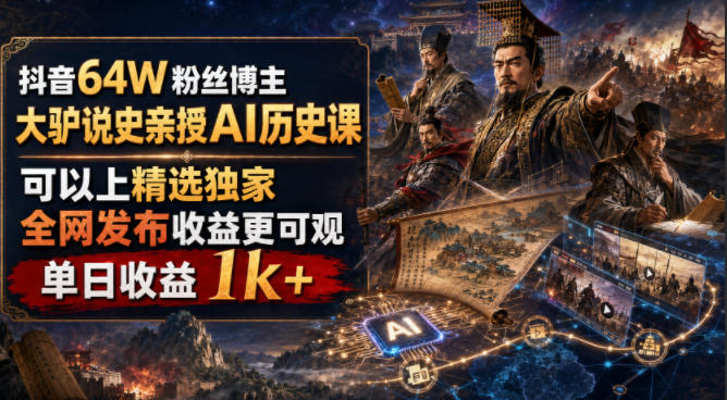 抖音64W粉丝博主大驴说史亲授AI历史课,可以上精选独家,全网发布收益更可观,单日收益1k+(更新)-佳梦网创 - 网创副业项目资源站